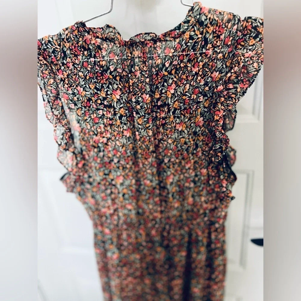 BB Dakota Steve Madden Midi Dress M Black Ditsy Floral Ruffle Tiered Sleeveless